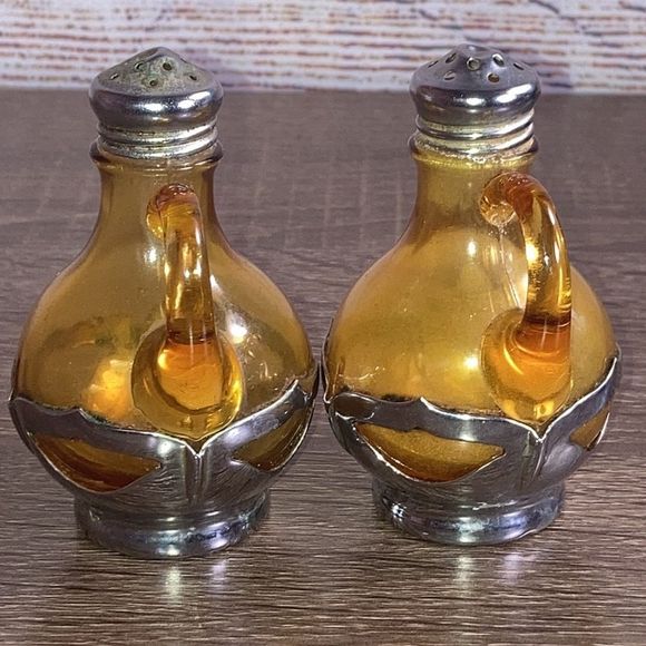 Salt & Pepper Shakers VTG Amber Glass & Chrome Metal Farber Bros Set - Picture 2 of 14